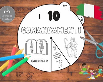 Puede incluir: Una hoja de trabajo imprimible en blanco y negro que presenta los Diez Mandamientos en italiano. La hoja de trabajo incluye un círculo con el texto "10 Comandamenti" y una imagen de los Diez Mandamientos en tablas de piedra. También hay una imagen de un hombre con un bastón y un globo de diálogo con el texto "Non nominare il nome Dio invano!"
