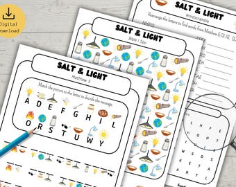 Salt and Light Activitysheet Pack of 3 ENGLISH Wordsearch Puzzle Wordscramble Sunday School Activities Bible Lesson Kids ChristianHomeschool
