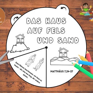 Das Haus auf Fels und Sand Ausmalrad DEUTSCH Gleichnis Jesu Bastelvorlagen Kinderkirche Sonntagsschule Ausmalbild Kinder Bibel Basteln