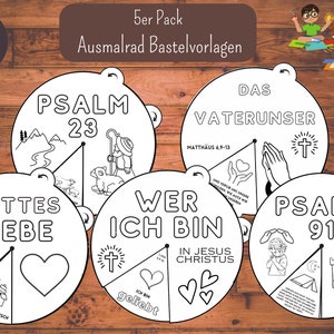 Könnte beinhalten: Fünf schwarz-weiße Malvorlagen für Kinder. Jede Seite zeigt einen anderen Bibelvers oder ein anderes Thema, darunter Psalm 23, Gottes Liebe, Das Vaterunser, Wer ich bin in Jesus Christus und Psalm 91. Die Seiten sind so konzipiert, dass sie ausgeschnitten und als Drehscheiben verwendet werden können.