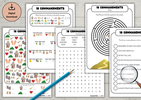 Ten Commandments Activitysheet Pack of 5 ENGLISH I Spy Page Wordsearch Puzzle Sunday School Children Church Bible Lesson Homeschool Bible