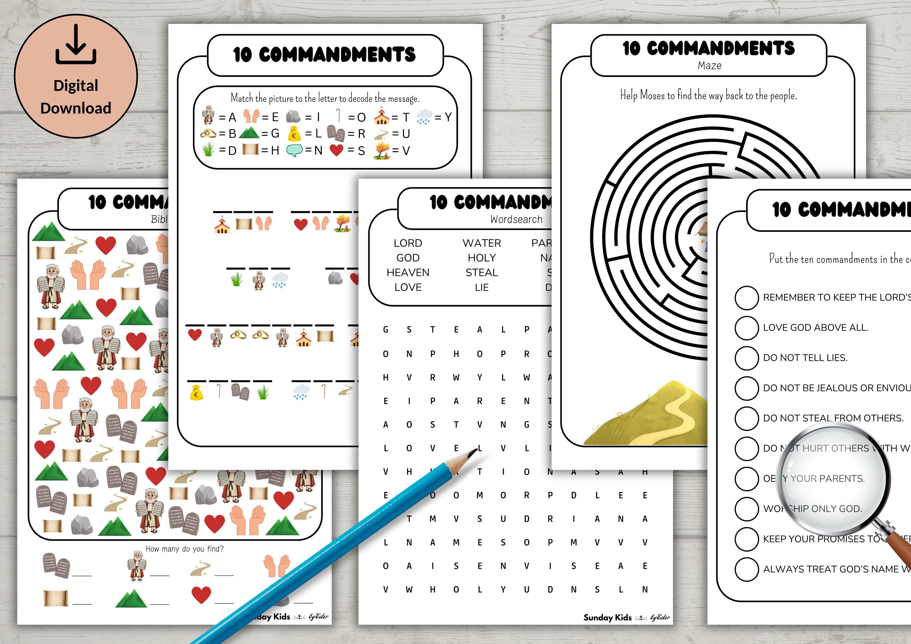 Ten Commandments Activitysheet Pack of 3 ENGLISH I Spy Page Wordsearch ...