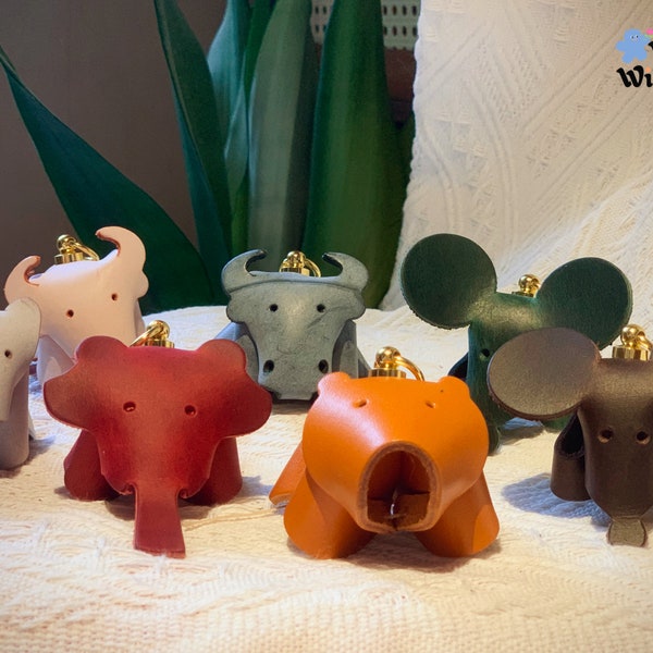 Collection d'animaux en cuir faits main, Porte-clés en cuir, hippopotame, loup, souris, éléphant, taureau, ours, porte-clés, pendentif en cuir, porte-clés animal 3D, KIT de bricolage