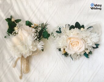 Hochzeits-Corsage und Boutonniere-Set, Handgelenk-Corsage und Knopfloch-Set, Prom-Corsage, Brautjungfern-Corsage, Trauzeugen-Knopfloch, Ewige Blumen