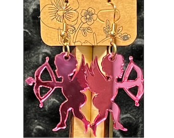 Cupid Dangle Earrings - Hot Pink Mirrored - 1/16" Acrylic - Gold Metal