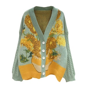 Van Gogh Sunflower Cardigan Knit Cardigan Sweater zdjęcie 1
