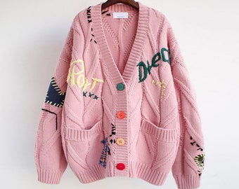 Graffiti Embroidered Cardigan Knit Cardigan Sweater