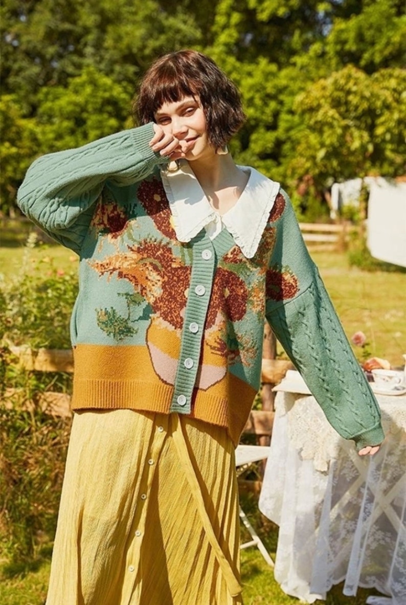 Van Gogh Sunflower Cardigan Knit Cardigan Sweater zdjęcie 2
