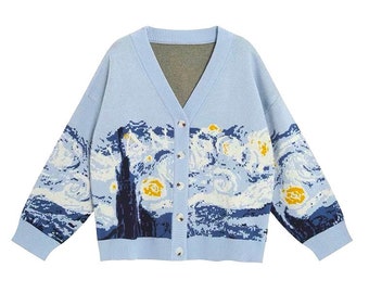 Starry Night Cardigan Van Gogh Cardigan Knit Cardigan Sweater