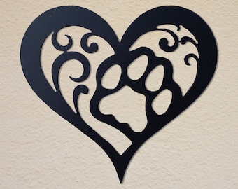 Dog Paw Heart Metal Sign - Heart Shaped Steel Dog Paw Print Wall Art - Gift for Dog Lover - Housewarming Gift - Hang Indoors or Outdoors