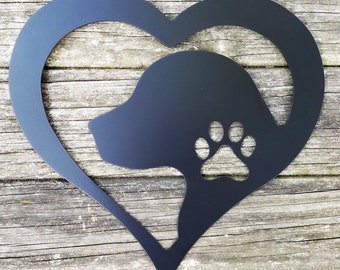Dog Love Heart Metal Sign: Paw Print Steel Wall Art