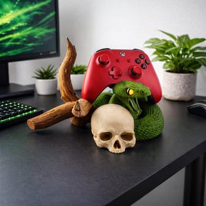 Snake Skull Xbox Controller Stand, Gothic 3D Printed Controller Holder, Dark Serpent Gaming Desk Decor, Horror Gamer Gift, Game Room Display