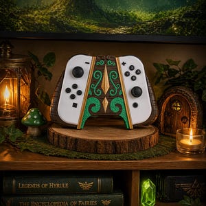 Pode incluir: Um comando de videogame personalizado com um design em madeira e verde, repousando sobre um suporte de madeira. O comando tem laterais brancas com botões pretos. O design apresenta um emblema dourado e arabescos verdes. O comando é exibido numa prateleira com livros e um cristal brilhante.
