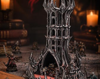 DnD Dice Tower Obsidian Citadel | Gotische dobbelsteenroller | 3D-geprinte PLA-dobbeltoren | RPG-accessoire voor tafelblad | Dungeon Master-cadeau
