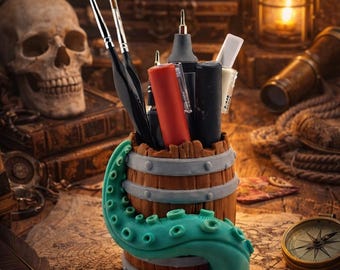 Pirate Barrel Pen Holder with Kraken Tentacle – 3D Printed Desk Organizer – Nautical Pirate Desk Decor – Gamer Desk Accessory – Unique Gift