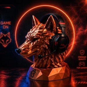 Lågpoly Wolf-hörlursstativ, hållare för spelheadset, dekoration för spelskrivbord, 3D-tryckt vargstativ, RGB-spelrumspresent, PC-installation