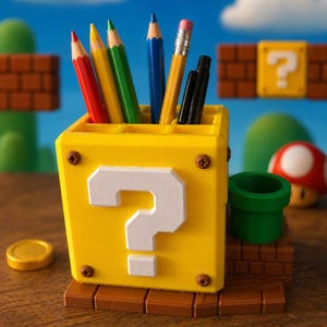 May include: A yellow desk tidy in the shape of a question mark block from a video game, filled with coloured pencils and pens. The block features a white question mark and sits on a brown base. A gold coin and a green pipe are also visible.