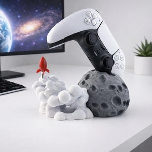 PS5 Controller Stand Space Theme | Rocket Moon Gaming Desk Decor | 3D Printed PlayStation Holder | Gamer Gift for Him Setup