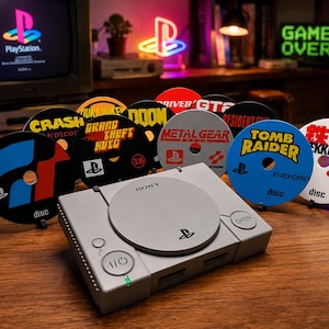 May include: A silver PlayStation console with a selection of game discs featuring titles like "Tomb Raider" and "Grand Theft Auto." The discs are arranged around the console on a wooden surface, with a retro TV in the background.