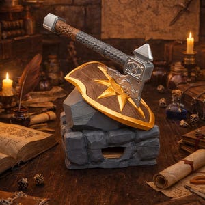 Puede incluir: Un conjunto decorativo de hacha y escudo de temática fantástica. El hacha tiene una cabeza plateada y un mango marrón. El escudo es marrón con un borde dorado y un diseño de estrella dorada. El conjunto descansa sobre una base gris con forma de piedra.