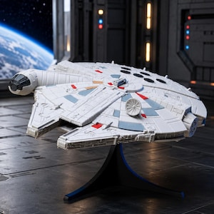 May include: A white, circular spaceship model with a protruding cockpit, detailed paneling, and small red and blue accents. The spacecraft is mounted on a black, three-pronged display stand, showcasing a complex mechanical design with circular vents.