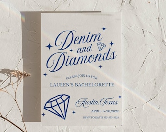 Denim and Diamonds Bachelorette Einladung: Nashville Reiseplan (Digitaler Download 13 x 18 cm Canva Vorlage)