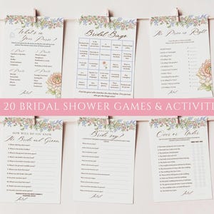 May include: A collection of six bridal shower game cards, each with floral and watercolor accents. The cards are held by small wooden clips. Text includes "What's in Your Purse?", "Bridal Bingo", and "20 Bridal Shower Games & Activities."