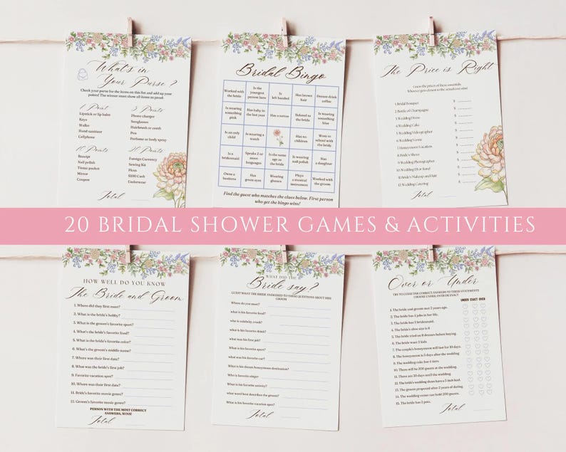 May include: A collection of six bridal shower game cards, each with floral and watercolor accents. The cards are held by small wooden clips. Text includes "What's in Your Purse?", "Bridal Bingo", and "20 Bridal Shower Games & Activities."