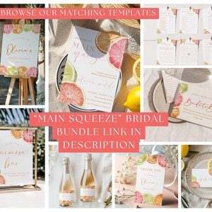 May include: A collage of bridal shower stationery with a citrus fruit theme. Includes invitations, signs, and place cards. The text "Main Squeeze" and "Olivia's" are visible. The color palette features pink, orange, green, and yellow.