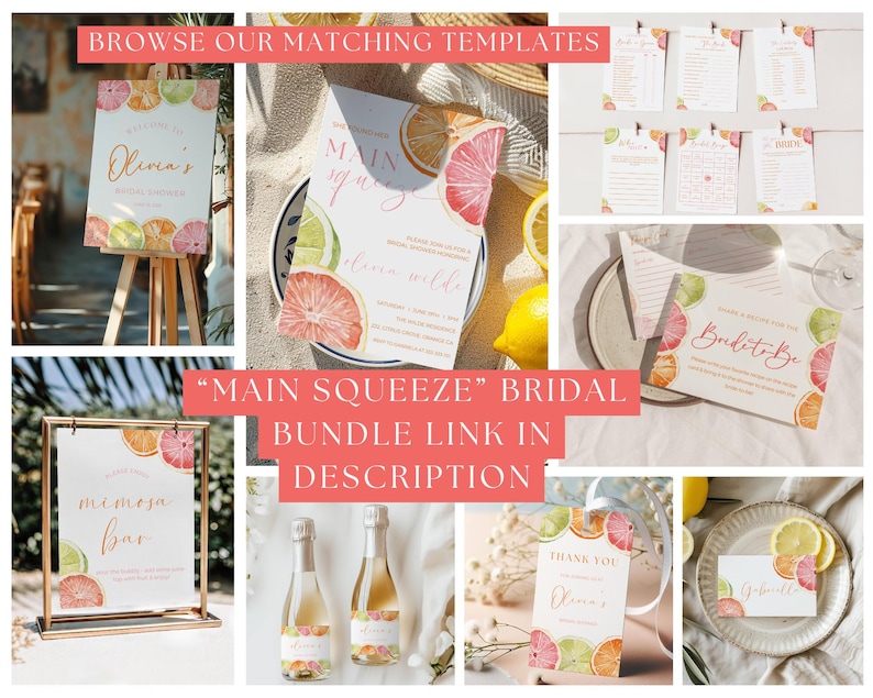 May include: A collage of bridal shower stationery with a citrus fruit theme. Includes invitations, signs, and place cards. The text "Main Squeeze" and "Olivia's" are visible. The color palette features pink, orange, green, and yellow.