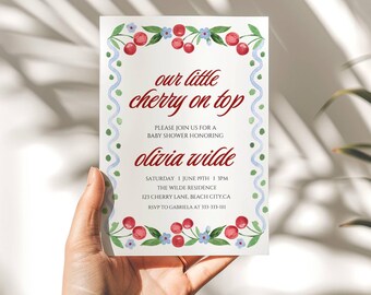 Kersenuitnodiging babyshower: retro-meisjesthema, bewerkbare canvassjabloon (pdf-download: 5 x 7 inch)
