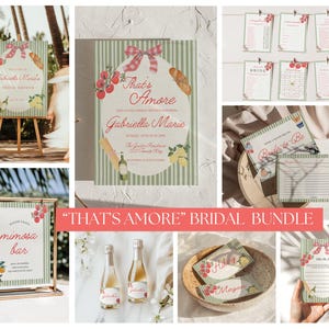 K&ouml;nnte beinhalten: Das "That's Amore" Brautparty-Paket mit Einladung, Mimosa-Bar-Schild, Spielkarten und Champagnerflaschen. Designs umfassen rote Tomaten, Zitronen und einen gestreiften Hintergrund. Das Paket enth&auml;lt ein Willkommensschild.