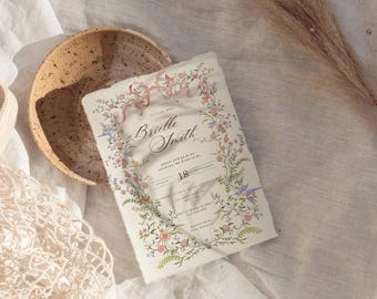 Coquette Floral Bridal Shower Invitation: Vintage Garden, Pink Bow (5x7 Printable Canva Template)