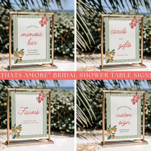 K&ouml;nnte beinhalten: Vier goldgerahmte Tischschilder mit Text f&uuml;r eine Brautparty. Die Schilder enthalten Text f&uuml;r eine Mimosa-Bar, Karten und Geschenke, Gef&auml;lligkeiten und ein individuelles Schild. Jedes Schild hat einen gr&uuml;n gestreiften Hintergrund und florale Akzente.