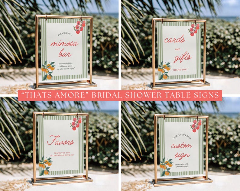 K&ouml;nnte beinhalten: Vier goldgerahmte Tischschilder mit Text f&uuml;r eine Brautparty. Die Schilder enthalten Text f&uuml;r eine Mimosa-Bar, Karten und Geschenke, Gef&auml;lligkeiten und ein individuelles Schild. Jedes Schild hat einen gr&uuml;n gestreiften Hintergrund und florale Akzente.