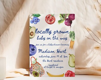 Farmers Market, Locally Grown Baby Shower Invitation, Watercolor Fruits & Veggies (Digital Download)