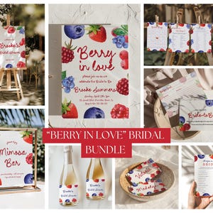 Puede incluir: Una colección de decoraciones para despedida de soltera con temática de bayas. Incluye invitaciones, letreros, botellas de champán y tarjetas de juego. La combinación de colores presenta bayas rojas, azules y blancas. El texto "Berry in Love" y "Mimosa Bar" es visible.
