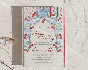 Uitnodiging babyshower kersen: Retro Girl Invite (bewerkbaar, downloadbaar pdf- of jpg-bestand van 5 x 7)