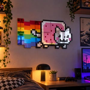 May include: A pixel art wall mirror shaped like a cat with a pink body and a trailing rainbow. The design features a blocky, digital aesthetic with a reflective surface, showcasing a horizontal sequence of red, orange, yellow, green, and blue colors.