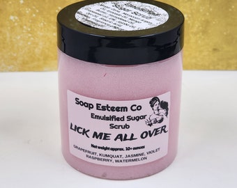 Natural Emulsified Sugar Scrub, Lick me all over Scrub, Sweet Fruits with Jasmine Scrub, Handmade Scrub with Emollient skincare