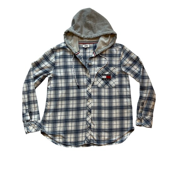 Tommy Hilfiger Plaid Hoodie Button up Flannel Lightweight Shirt LS Retro Small S Etsy Canada