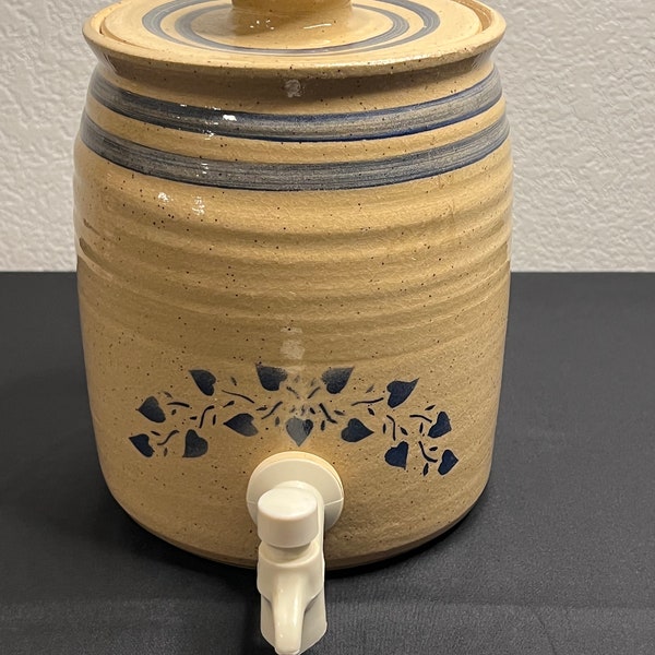 Antique Vintage Ceramic Pottery Stoneware 90 oz Beverage Dispenser Blue Design Cooler / Crock