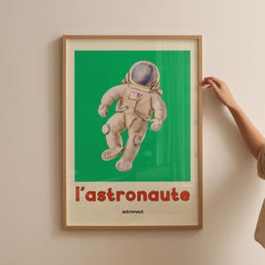Arte de pared de astronauta, arte de pared con palabras en francés, arte de pared retro para habitación infantil, decoración infantil, póster espacial, impresión en francés, alfabeto francés, guardería bilingüe