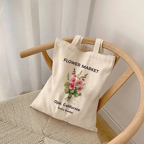 Flower Poppy Tote Bag Farmers Market Tote Everyday Tote Ojai Market Tote Gift For Her Trendy Canvas Tote Reusable Grocery Bag Pink Flower