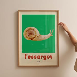 Ślimak Sztuka ścienna Francuskie słowo Sztuka ścienna Vintage Pokój dziecięcy Plakat Cyfrowa sztuka ścienna Wystrój dla dzieci Naucz się francuskiego Wydruk ABC Dwujęzyczny pokój dziecięcy
