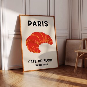Arte de pared de cocina francesa, arte de pared para amantes de los croissants, póster digital vintage de Cafe De Flore, arte de pared retro, decoración de cocina, regalo retro parisino para chef.