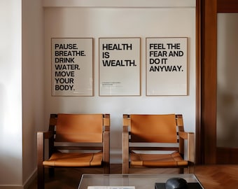 Health Is Wealth Wall Art Prints: Minimalist Wellness Decor (Set of 3) (Digital Download)
