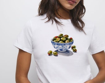 Olive Bowl Womens Tee Y2K Baby Tee Dinner Party Graphic T Shirt Italian Food Top Trendy Lisa Says Gah Style Gift For Her Vintage Style