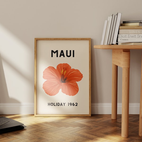 Hawaii Holiday Vintage Travel Wall Art For Beach House Digital Printable Floral Wall Art Orange Hibiscus Flower Maui Island Art Retro Poster