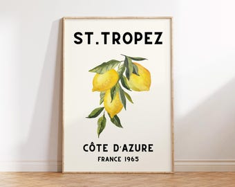 Plakat z motywem cytryny z Francji w stylu vintage: Saint Tropez